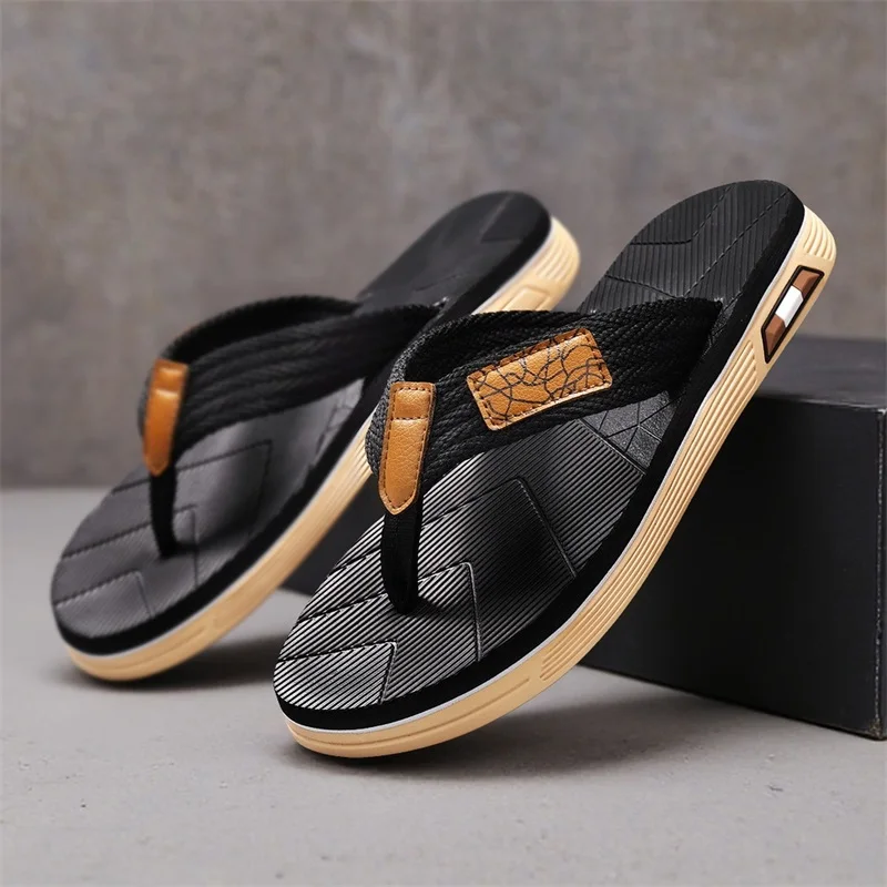 Men's Solid Color Woven Flip Flops with Geometric Texture Anti-slip Thick Sole, Casual Slippers for Home & Beach Vacation