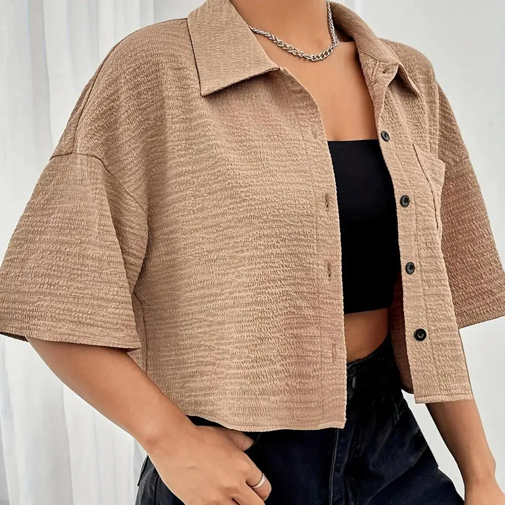 

Spring Summer Fashion Buttons Shirt Women Solid Color Pocket Single breasted Top Elegant Office Lady Shorts Blouse
