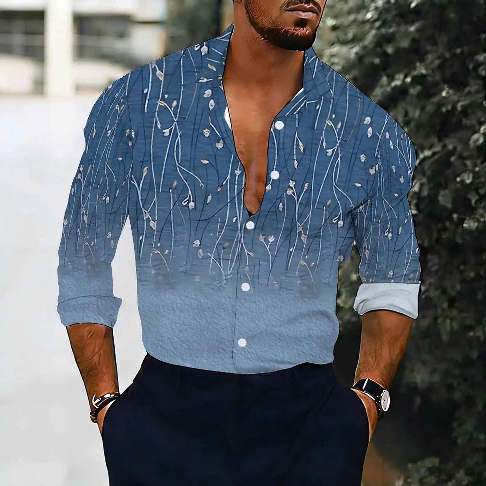 Men Turn‑down Collar Long Shirt Romantic Blossom Star‑dot Graphic Print Button‑front Fashion Urban Holiday Blouse For Male