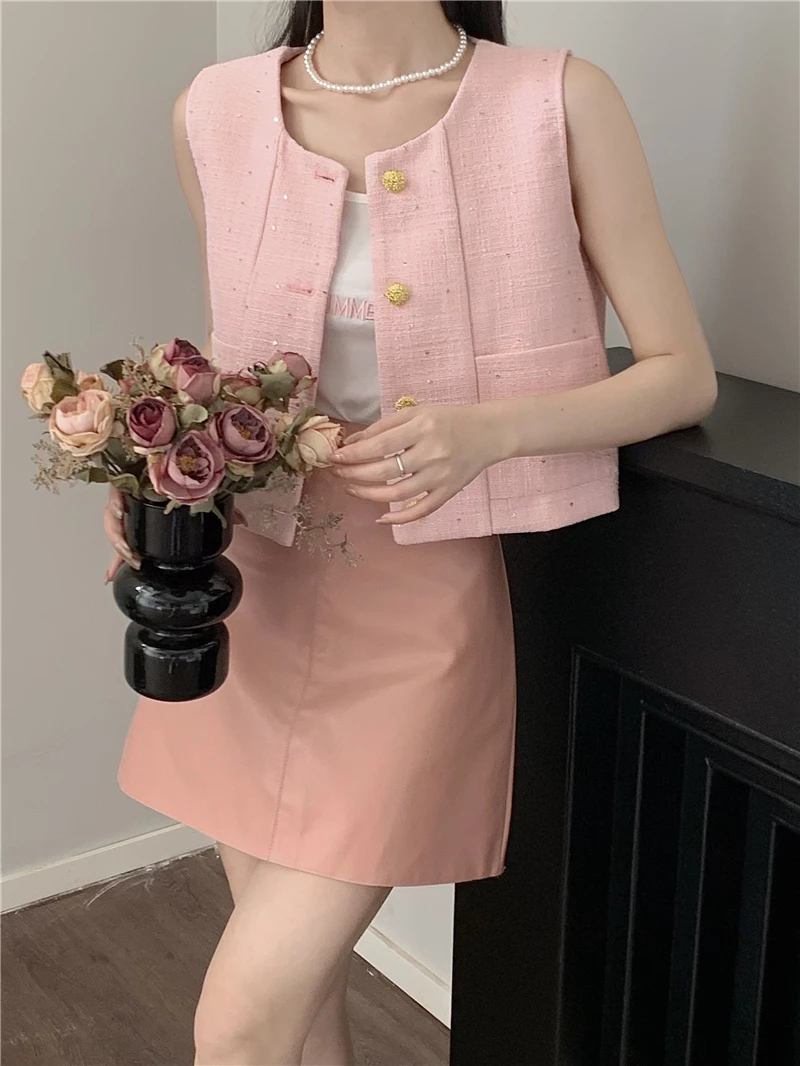 

Women Spring/Summer New Thick Tweed Pink Vest Cardigan French Short Waistcoat