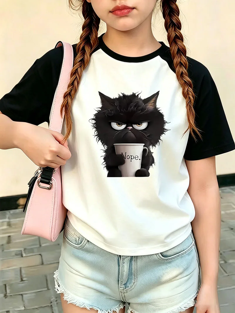 Graphic Summer Spring Coffee Black Cat T Shirts Cute Cat Funny Manga Kids Children's T-shirt Boys Girls Casual Top Tee Clothing