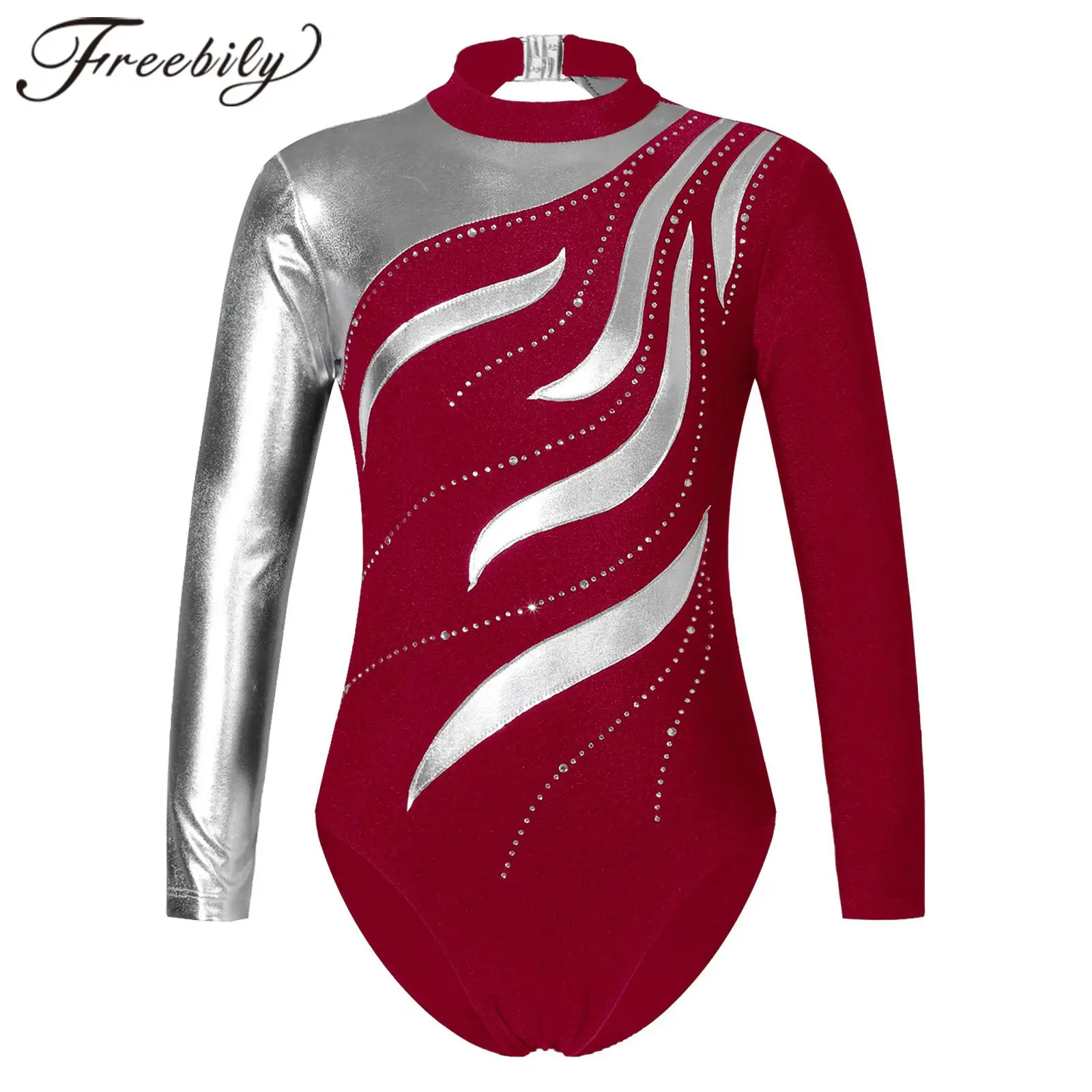 Gymnastics Jumpsuit for Girls Children Ballet Dance Leotard Kids Long Sleeve Shiny Rhinestone Figure Skating Bodysuit Dancewear