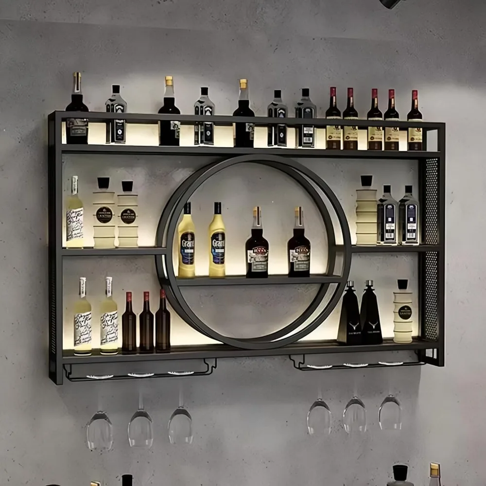 

47 inch metal wall mounted wine rack, 3 tier bar shelves with glass holder, large capacity modern liquor shelves for home bar, d