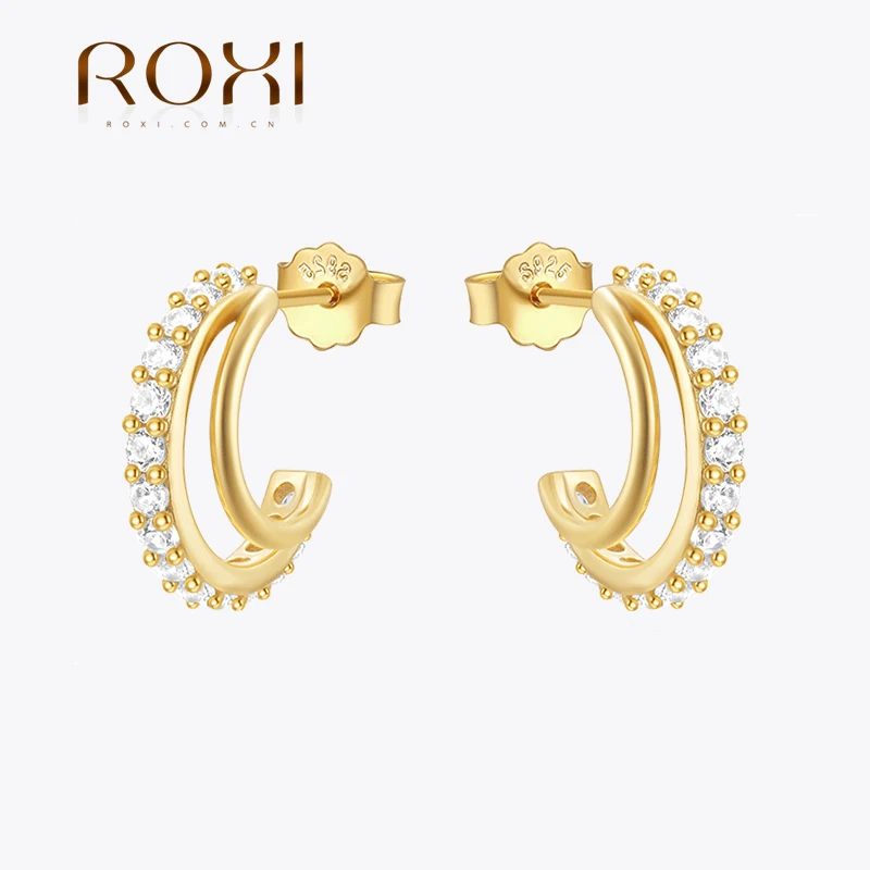 ROXI 925 Sterling Silver 1Pair C Raw Zircon piercing Earrings For Women Double layer Design Gold/Silver  Earrings  jewelry Gifts