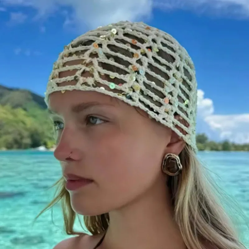 Stretchy Crochet Hood Scarf Sequin Cotton Openwork Summer Sun Protection Wrap for Boho Beach Travel Outdoor Photography Headwear