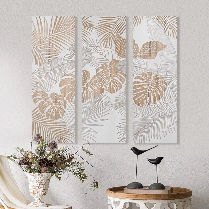 Monstera Leaf Carved Wood Wall Art, Triptych Panel, Botanical Relief, Paulownia, Modern Living Room Decor, 90x90cm, 3.1kg