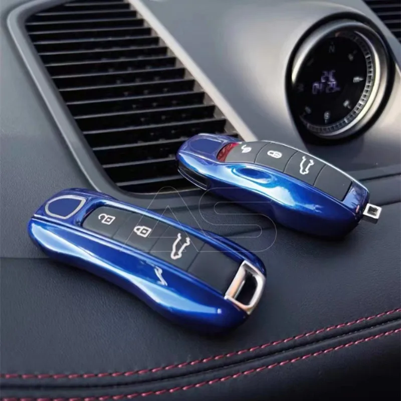 3 Piece Set Gentian Blue ABS Car Key Cover Key Fob Shell Fit for Porsche Cayenne Macan 718 Panamera 911 Car Key Case Accessories