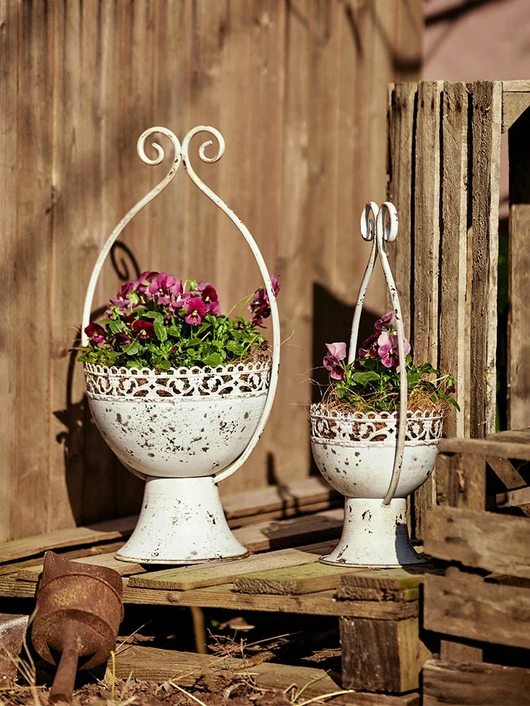 Metal Ironwork Retro Vintage Flower Pot Garden Balcony Courtyard Plant Vase Home Furnishings White Flower Pot Decorate Ornaments