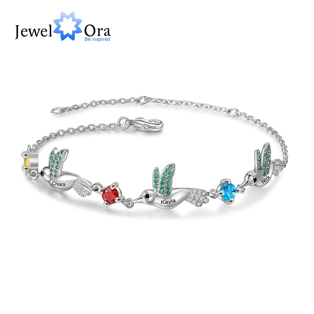 

Personalized Hummingbird Customized With 3 Birthstones Bracelets For Woman Engraved Name Silver Bracelet Mothers Day Gift