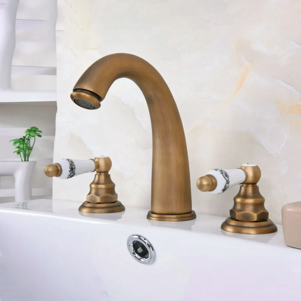 

Deck Mounted Antique Brass 8" Widespread 3 Hole Basin Faucet Dual Handles Bathroom Tub Sink Mixer Taps Lan079