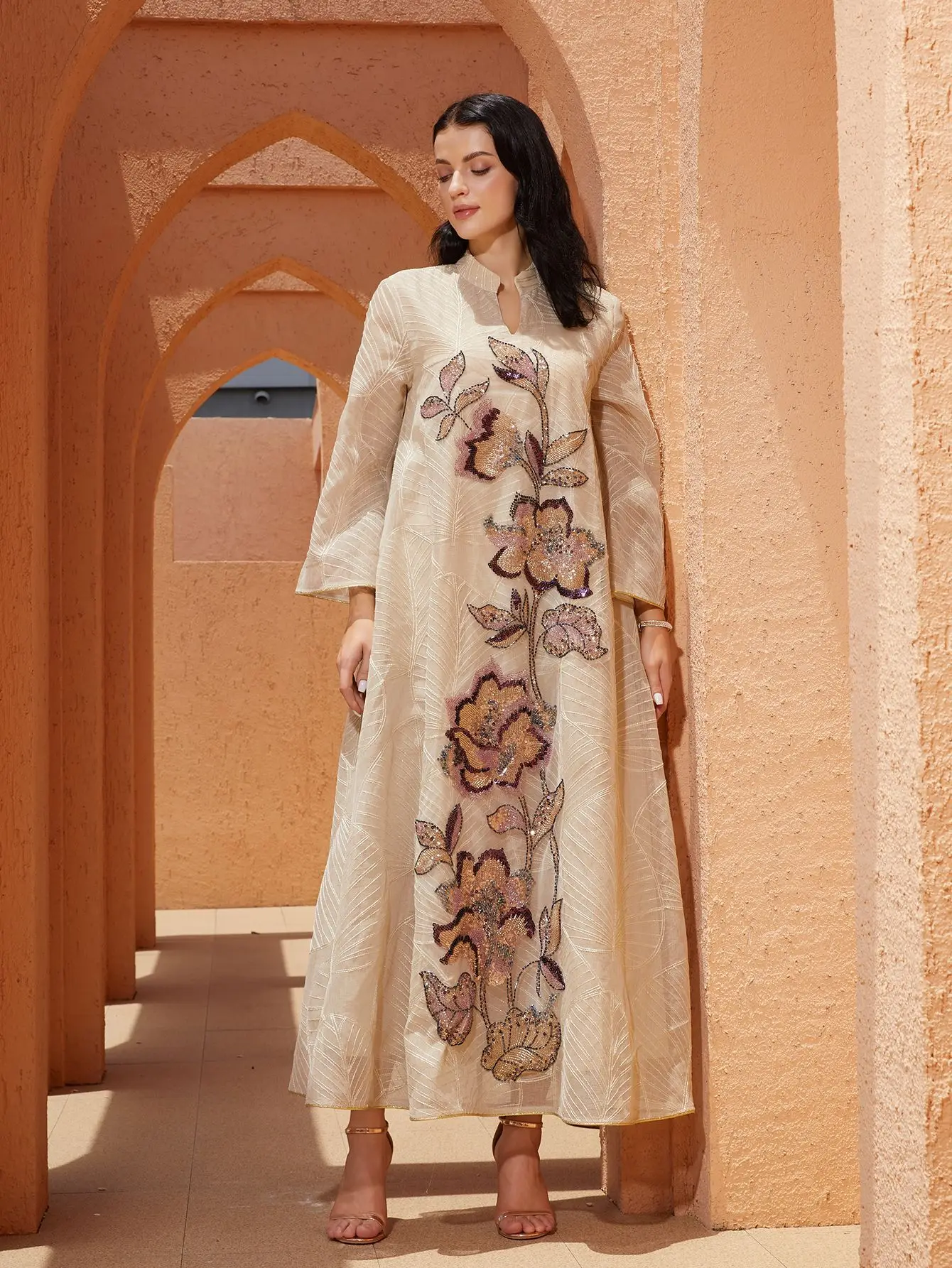 Ramadan New Mesh Embroidered Dress Luxury Fashion Dubai Muslim Robe Ethnic Clothing Heavy Industry Stickers Splicing Robe