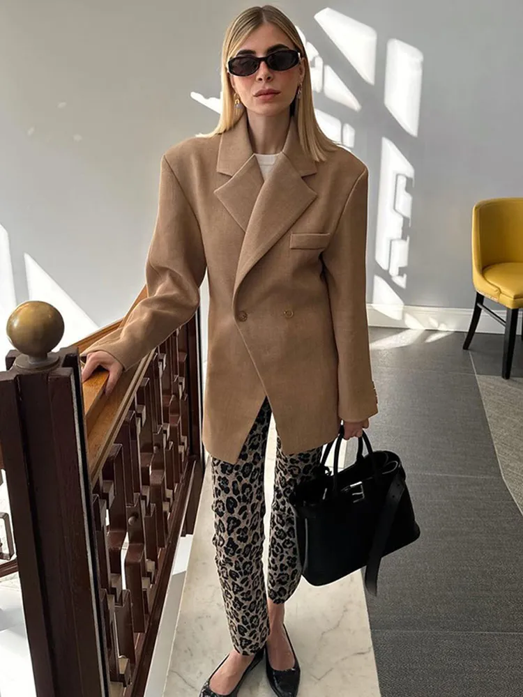 Fashion Khaki Lapel Blazer Coat For Women Oversized Double Button Long Sleeves Slim Jacket 2024 Autumn Office Female Outwear