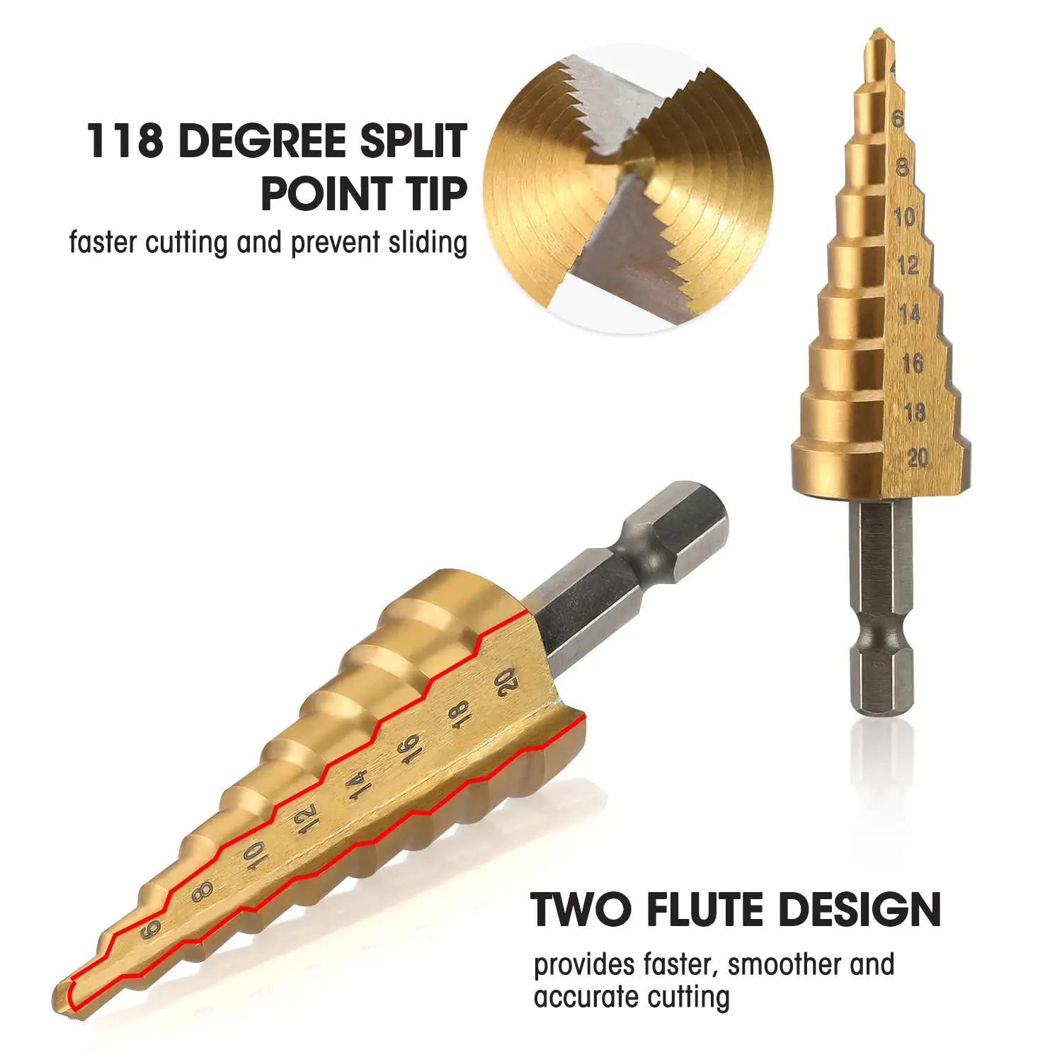 Broca escalonada de 3-12mm, 4-12mm, 4-20mm, 4-32mm, HSS, ranura recta, cortador de agujeros de Metal y madera recubierta de Titanio, juego de