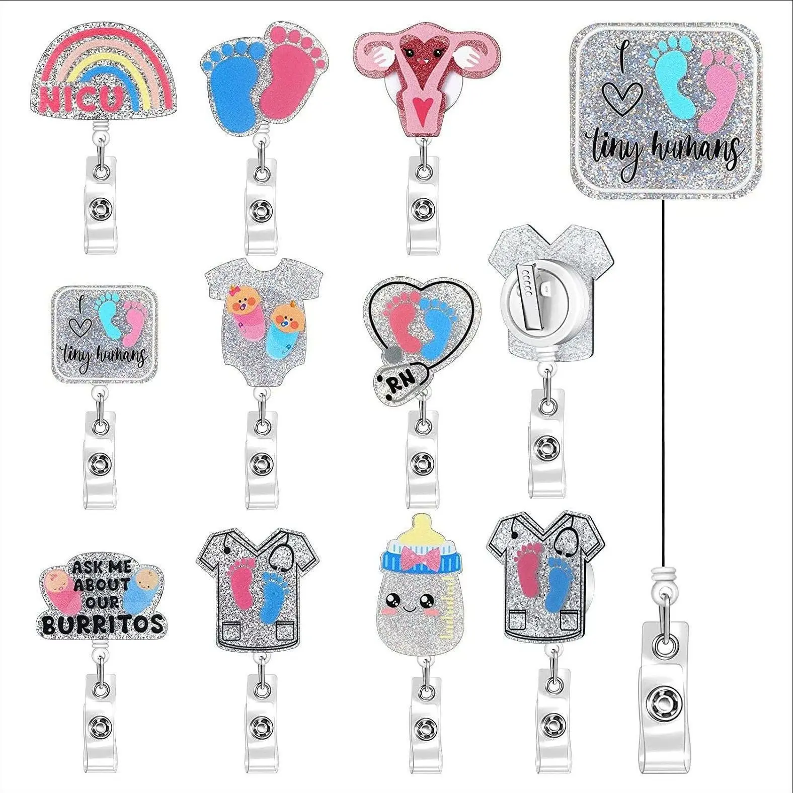 Hot Sales 1 Piecee Glitter Acrylic Retractable Nurse Badge Reel Cute Footprint Bottle Human Organs Doctor ID Card Holder Lanyard