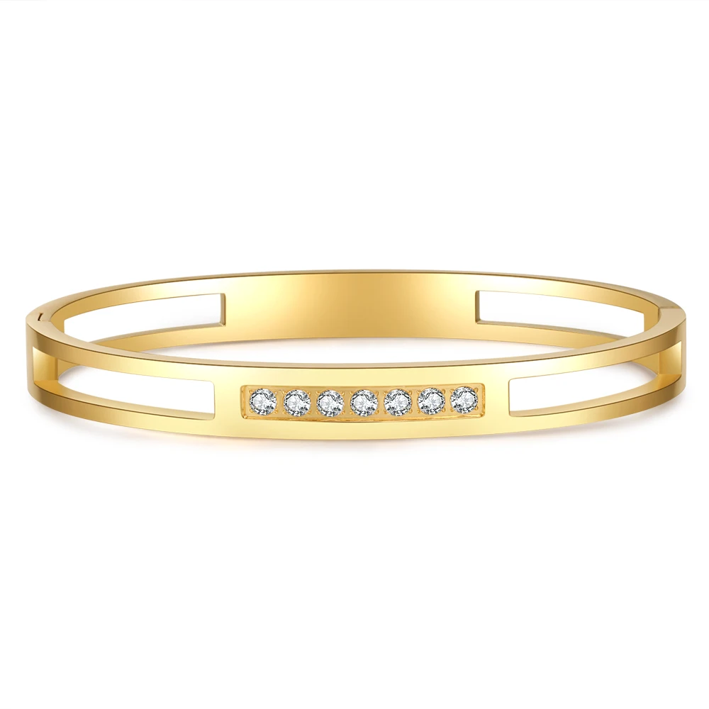 

316L Stainless Steel Gold Color Round Bangle Shiny Cubic Zircon Cuff Bangle for Women Wedding Jewelry Friendship Gift