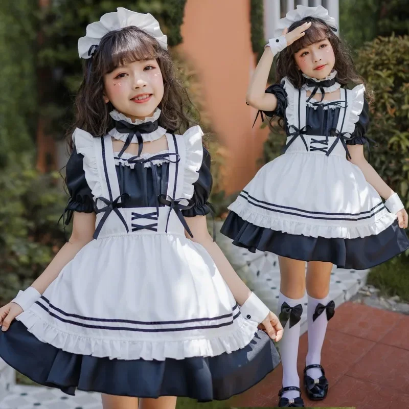 Japanese Cosplay Costume Cute Lolita Black Maid Short Sleeve Dress Accessories Suit Theme Party Role Playing Outfits for