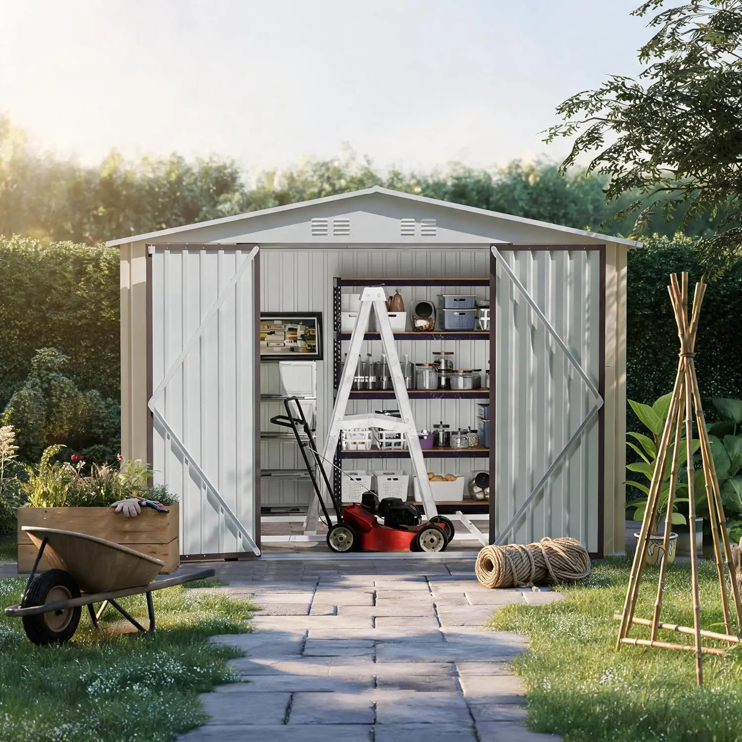 10x8 FT Large Outdoor Storage Shed with Floor-Metal Frame, Beige