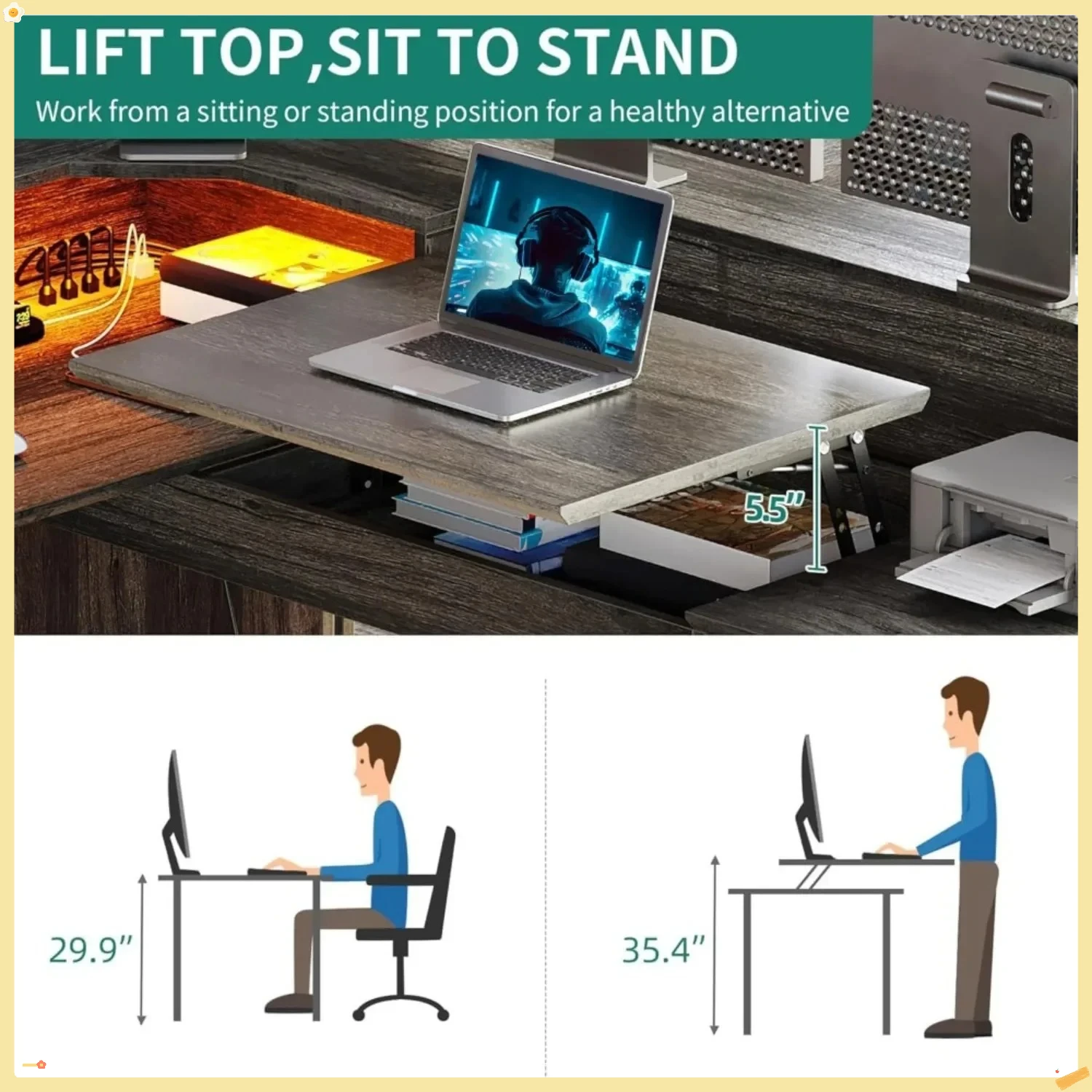 Scrivania a L intelligente con prese di corrente e LED incorporati, scrivania ad altezza regolabile da 60 pollici per l'home office