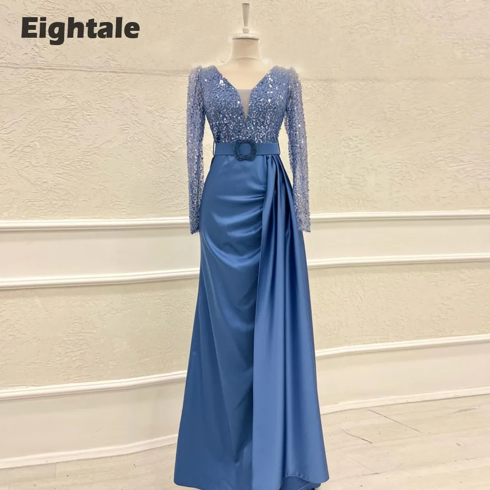 Eightale Blue Evening Dresses for Wedding Satin V-Neck Glitter Prom Gowns Long Sleeves Customized Belt Mermaid Party Dress