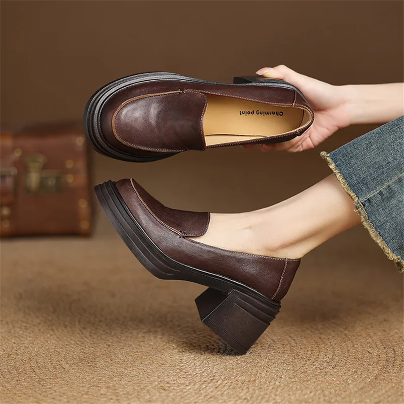 

New Spring/autumn Genuine Leather Women Shoes Round Toe Shoes for Women Fashion Platform Loafers High Heels Handmade Women Pumps