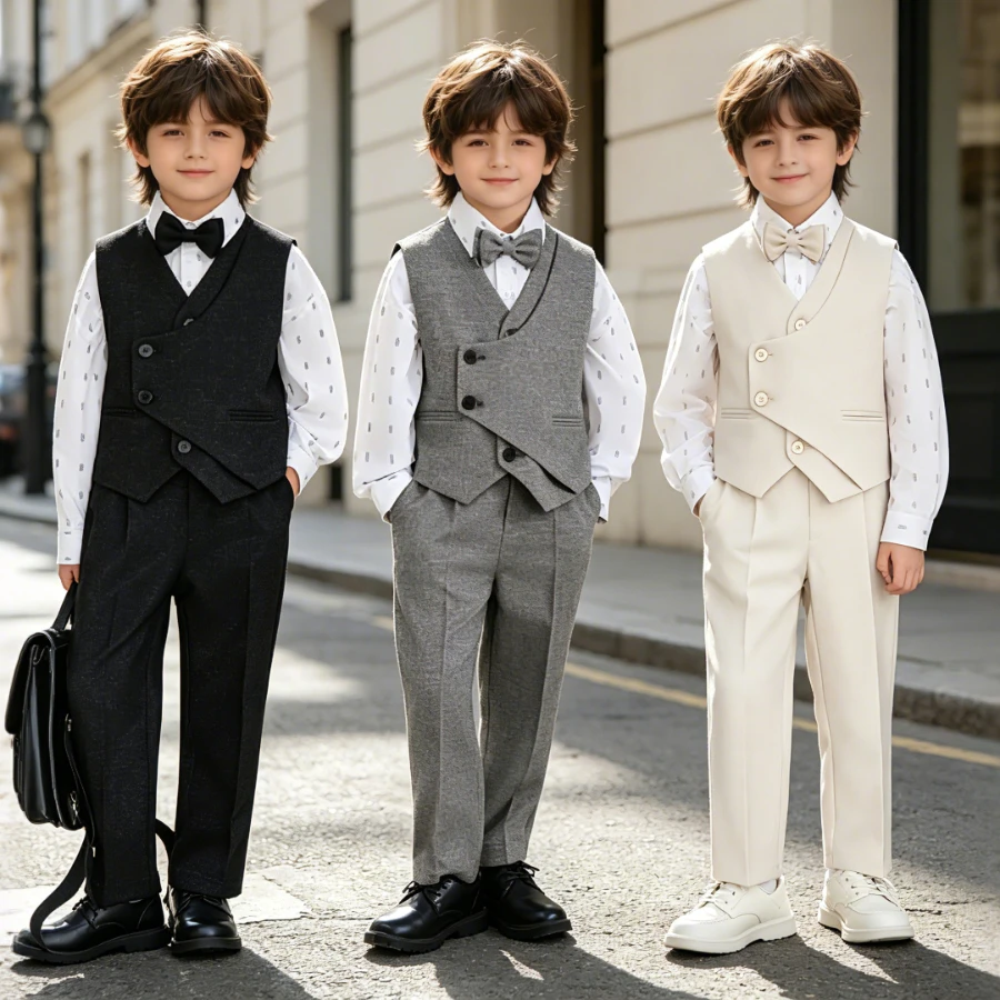 Boys Asymmetric Irregular Waistcoat 3Pcs Suit Kids Formal Tuxedo Bow Tie Wedding Host Party Outfit for Toddler Teen Boys 3-14Y