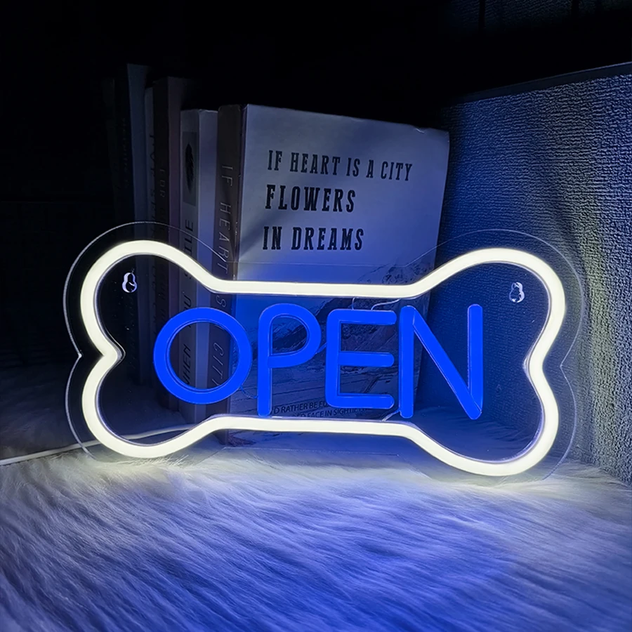 

Открытая неоновая вывеска, синяя буква Icon Bone, питание от USB, очень подходит для магазинов, магазинов домашних животных, баров, игровых комнат.