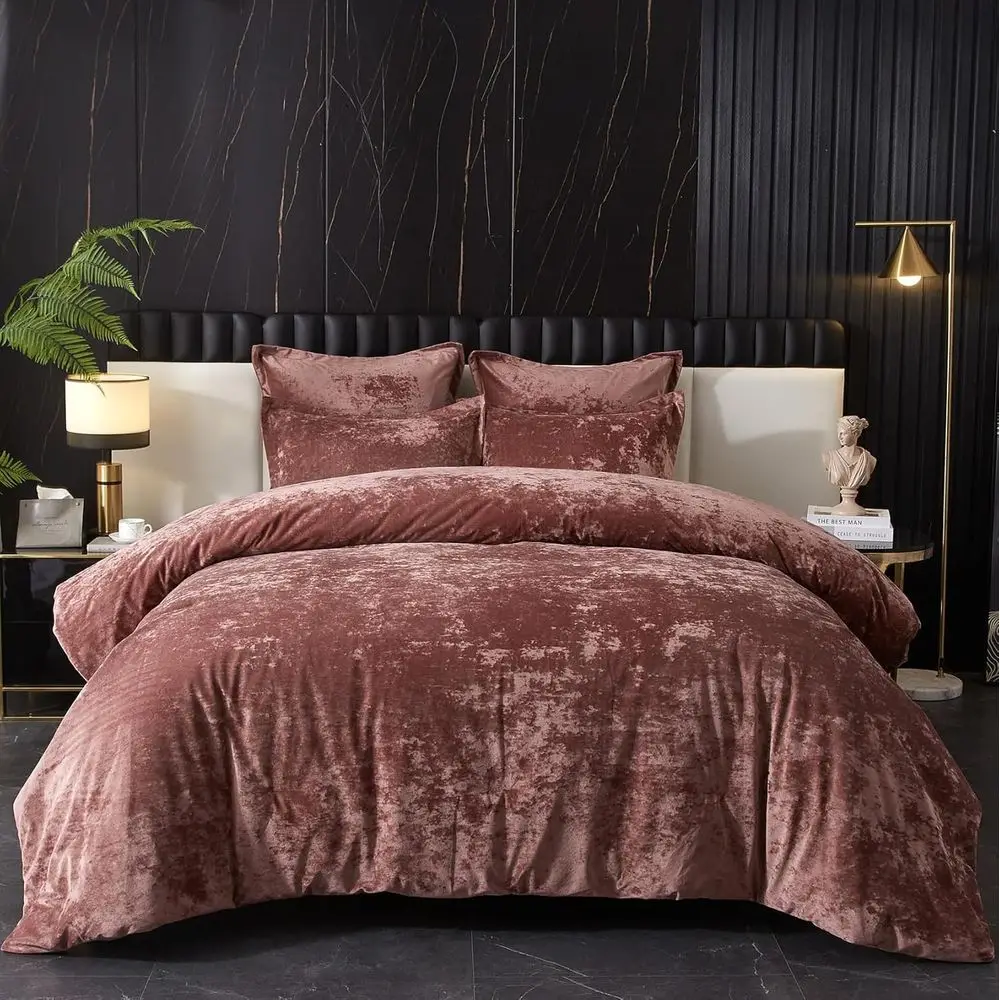 

King Size Crushed Velvet Comforter Set - 5-Piece Light Pink Ultra Soft Breathable Bedding Ensemble