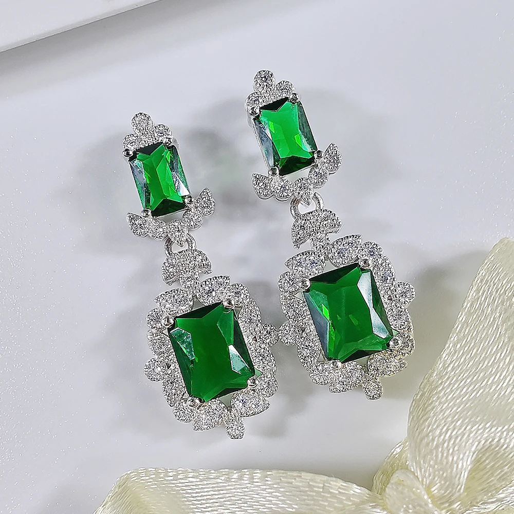 2024 New Luxury Green Color Rectangle silver color korean Earrings for Women Anniversary Gift Jewelry Wholesal E6522