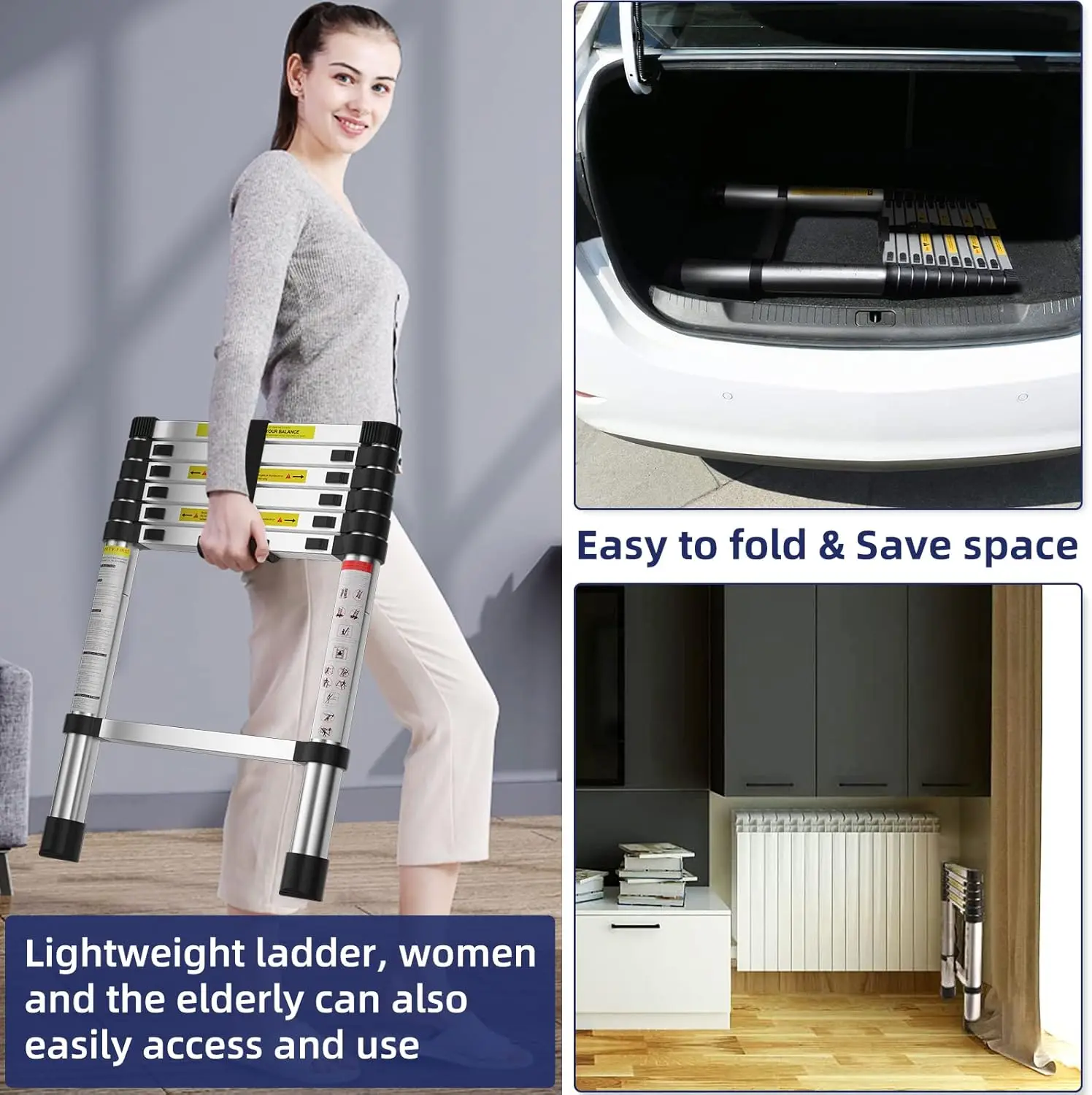 Lekka aluminiowa drabina teleskopowa o długości 2 metrów do użytku domowego, w kamperze, na poddaszu - udźwig 150 kg