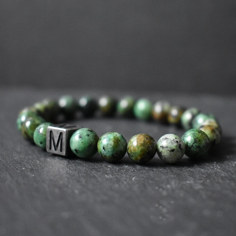 Personalized Initials Couple Bracelets Natural Stone Beads & Stainless Steel Letter Charm Meaningful Relationship Gift for Him
