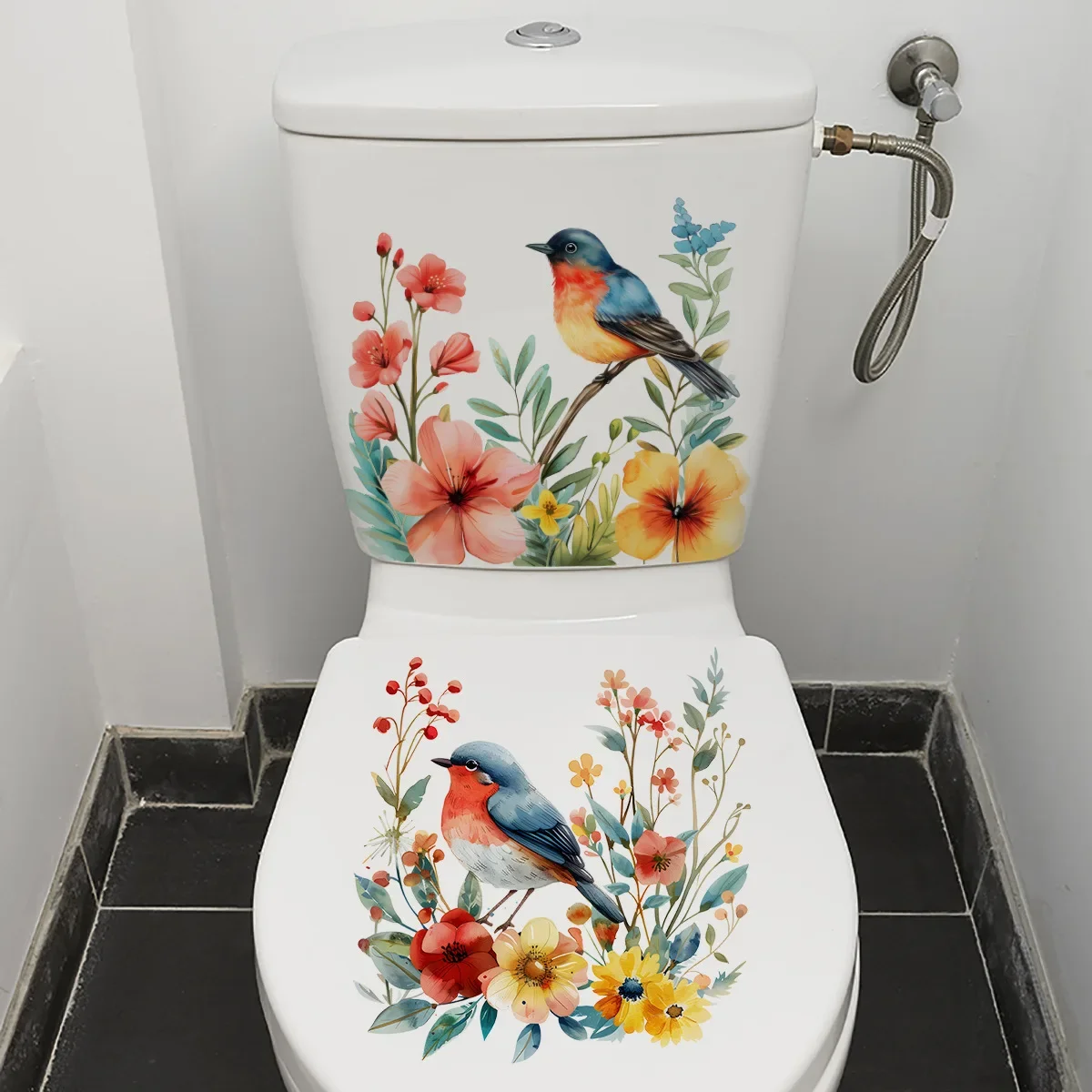 2PCS DIY bathroom sticker bird flower design for bathroom water tank decoration toilet sticker detachable waterproof