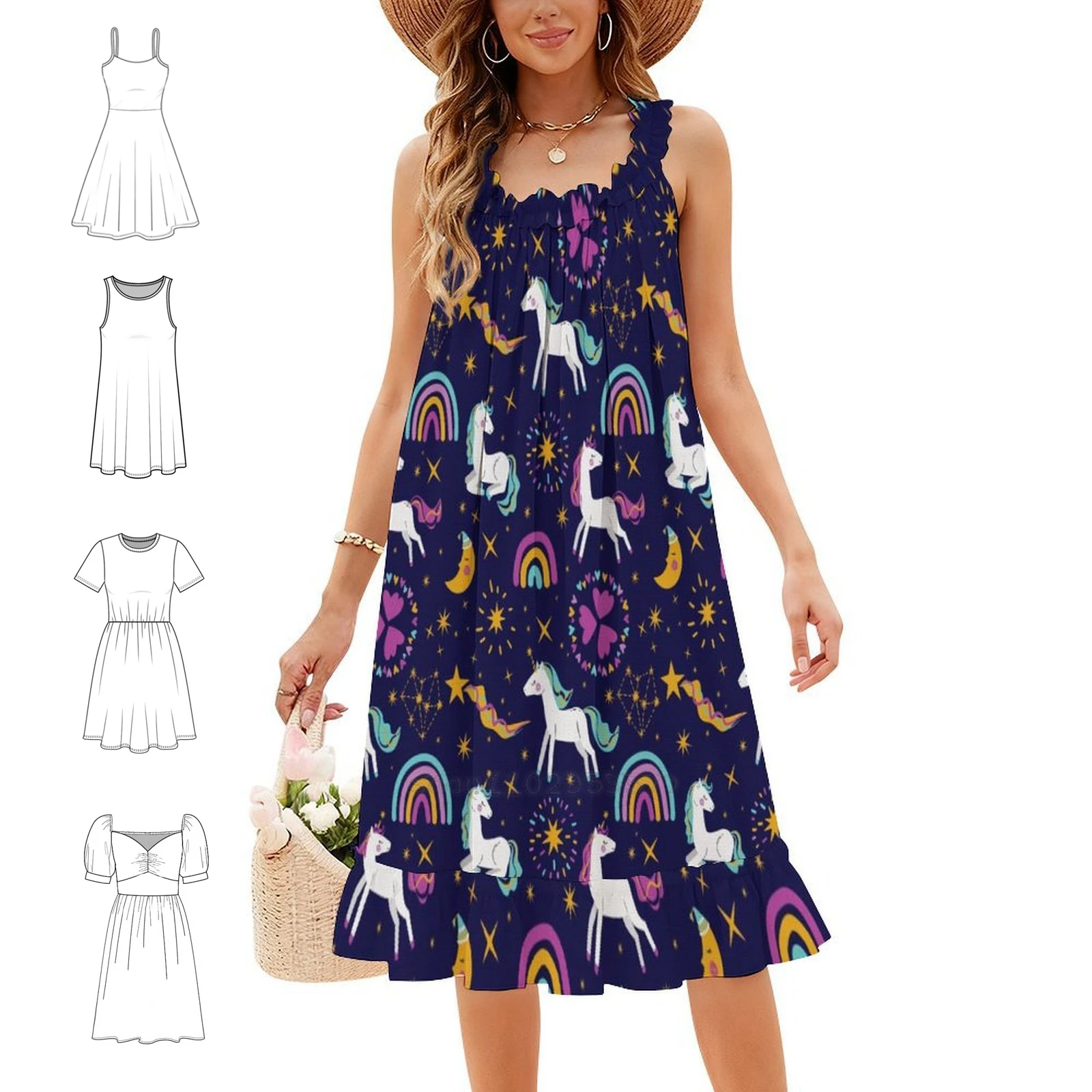 Unicorn Seamless Pattern Floral Smock Dress For Women Spring Summer Casual Dress For Party Rainbow Mythical Pastel Horse
