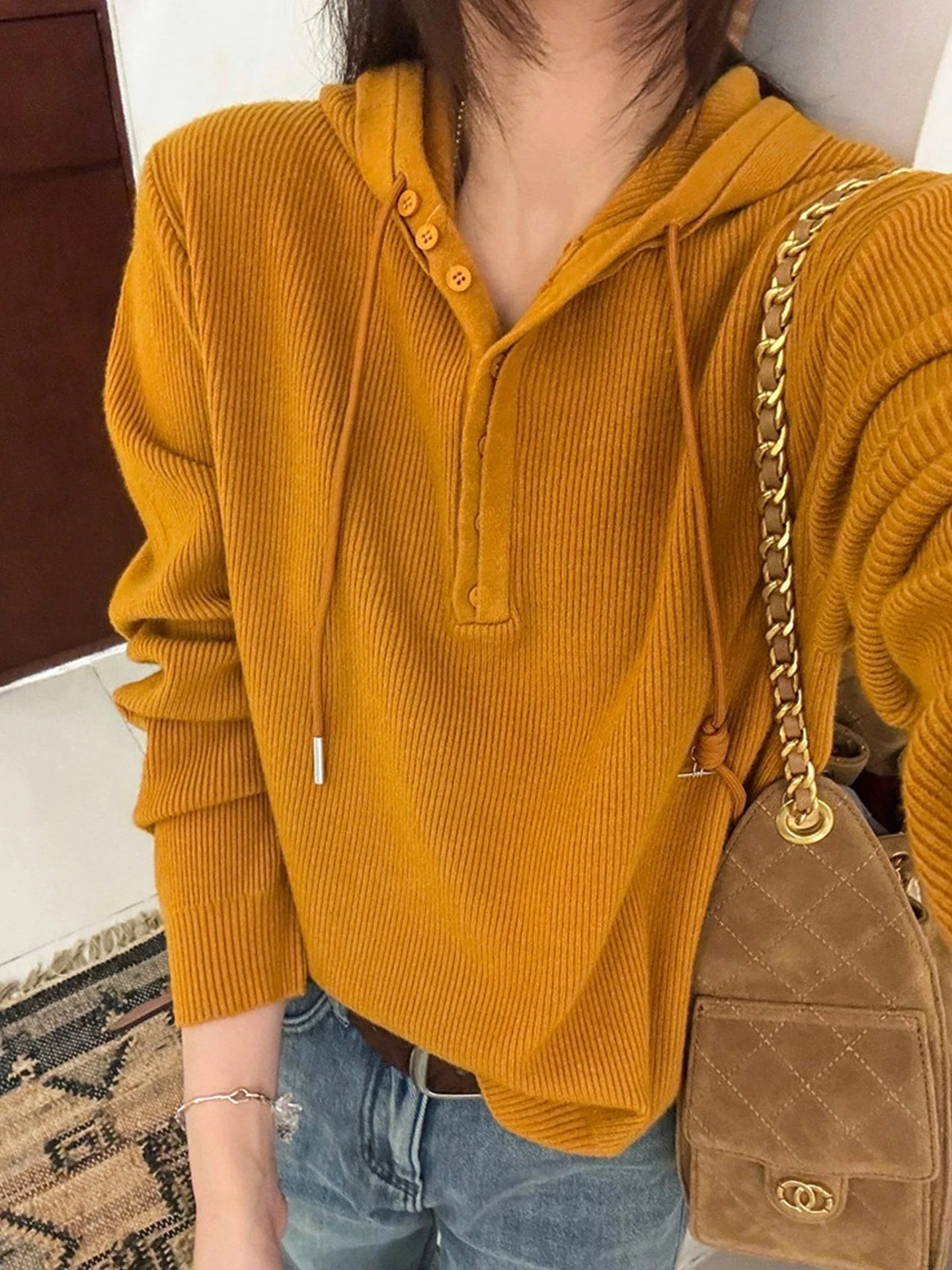 

Retro Hooded Knitwear Slim Long Sve Sli Color Lazy Sle Overhead 2025 Autumn Winter Unique Sweater Commute Sle