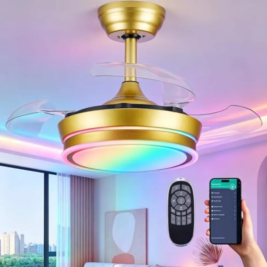 30" RGB Retractable Ceiling Fan Dimmable LED Chandelier Fan 6 Speed Small Fandelier with Remote APP Control for Living Dinning
