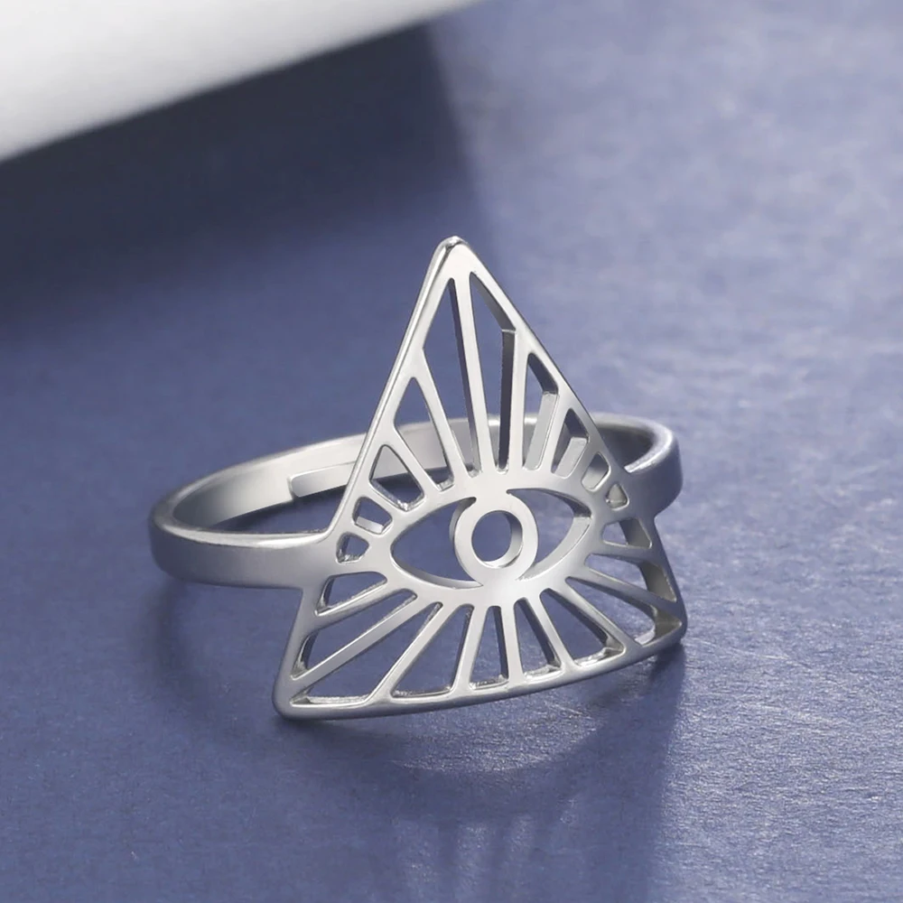 Dawapara All Seeing Eye Ring Adjustable Wedding Band Pyramid Triangle Eye of Providence Stainless Steel Couple Jewelry