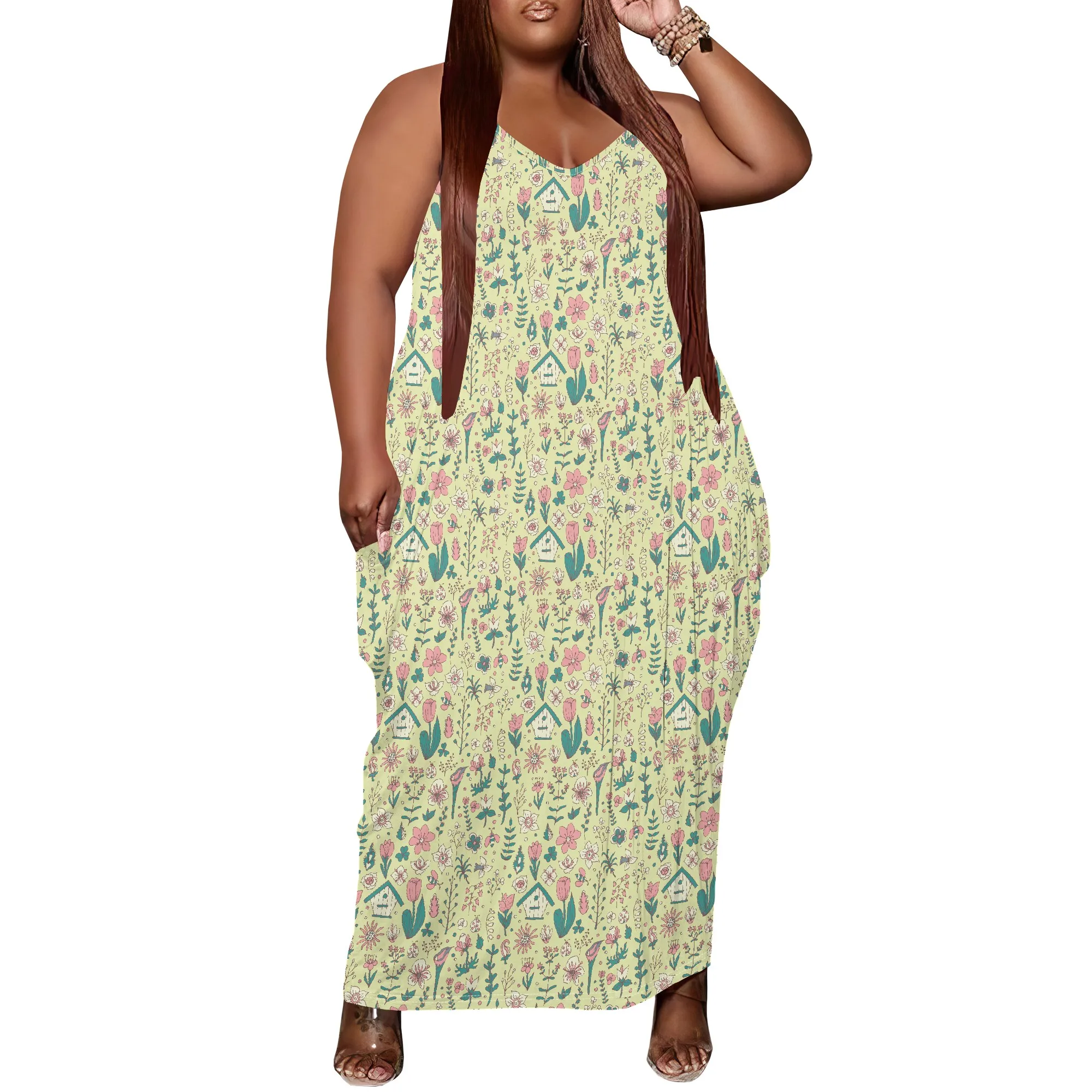 

Women's Plus Size Dress Floral Print Loose Halter Maxi Dress with Pocket Stretchy Casual XL-6XL