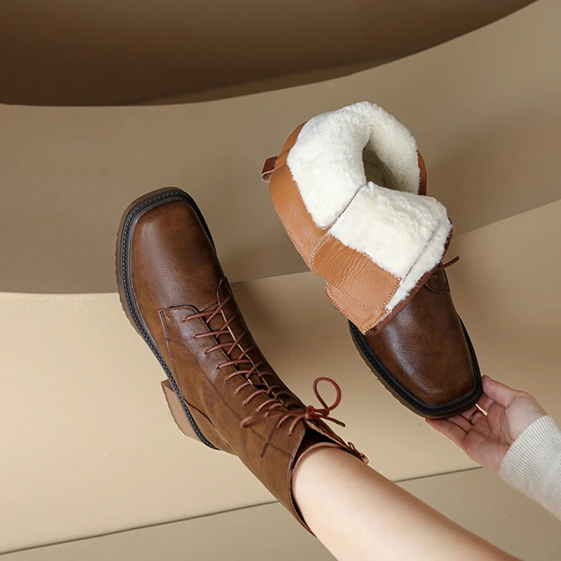

NEW Winter Women Ankle Boots Square Toe Chunky Heel Short Boots Women Split Leather Boots Warm Snow Boots Lace botines mujer