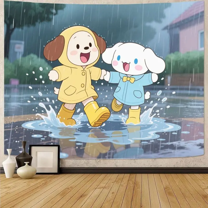 

1PC Kawaii Cute Dog Tapestry, Happy Puppy Rainy Day Puddle Splashing Wall Art for Kids Girls Bedroom Living Room Dorm Decor Gift