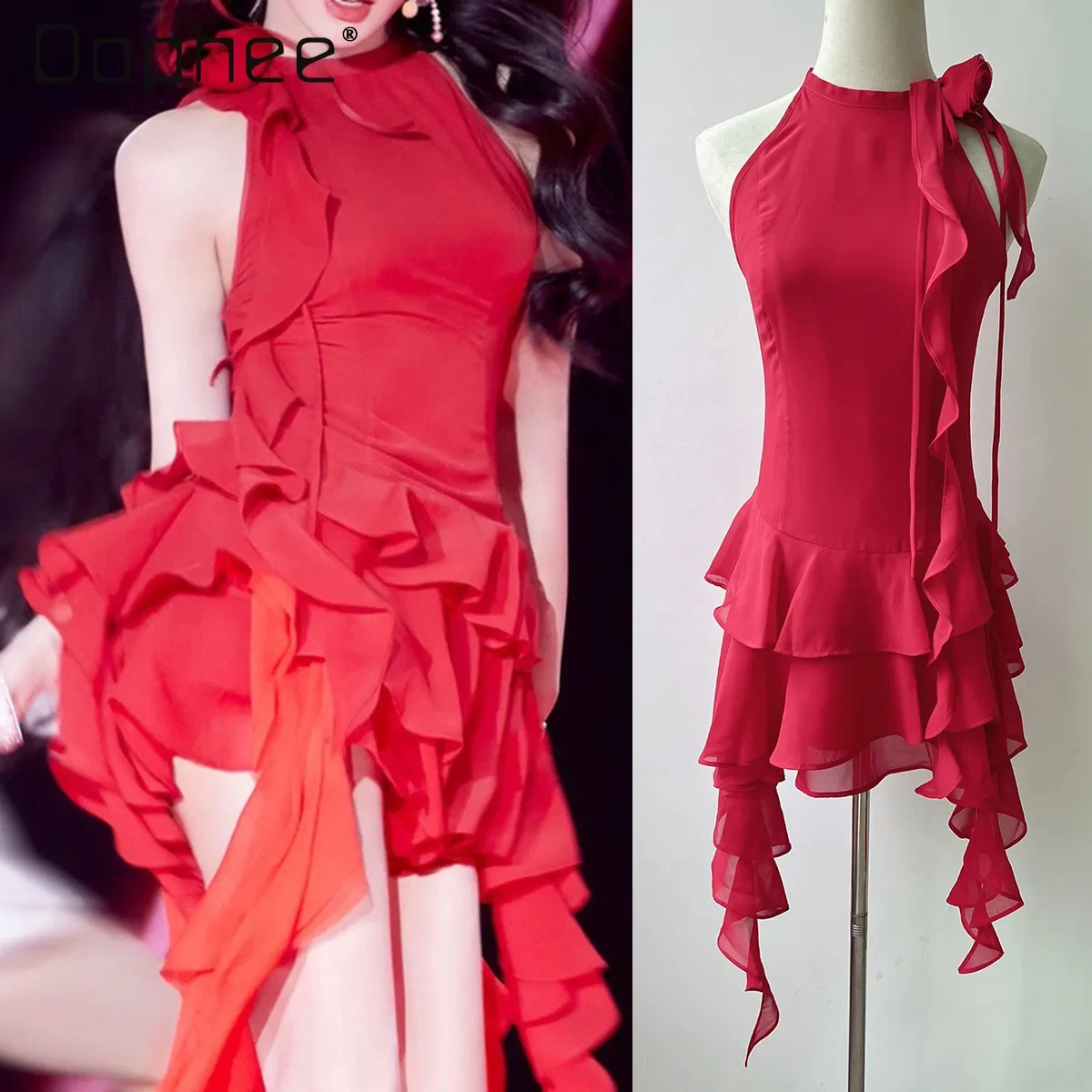 

Red Rose Ruffle Halter Dress Women Sexy Sleeveless Tiered Pleated Mini Dress 3d Floral Solid Elegant Party Birthday Vestidos