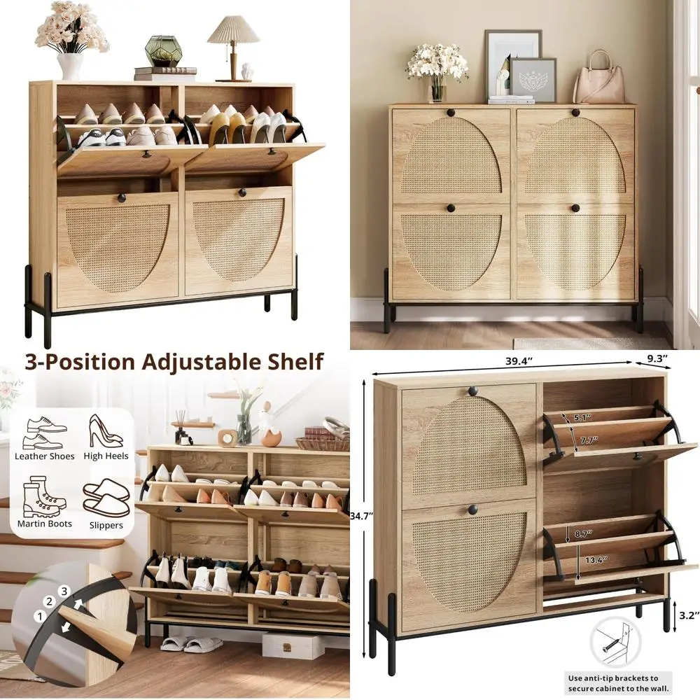 Freestanding Shoe Storage Organizer Cabinet with 4 Drawers for Entryway, Narrow Rattan Shoe Rack for Efficient Storage