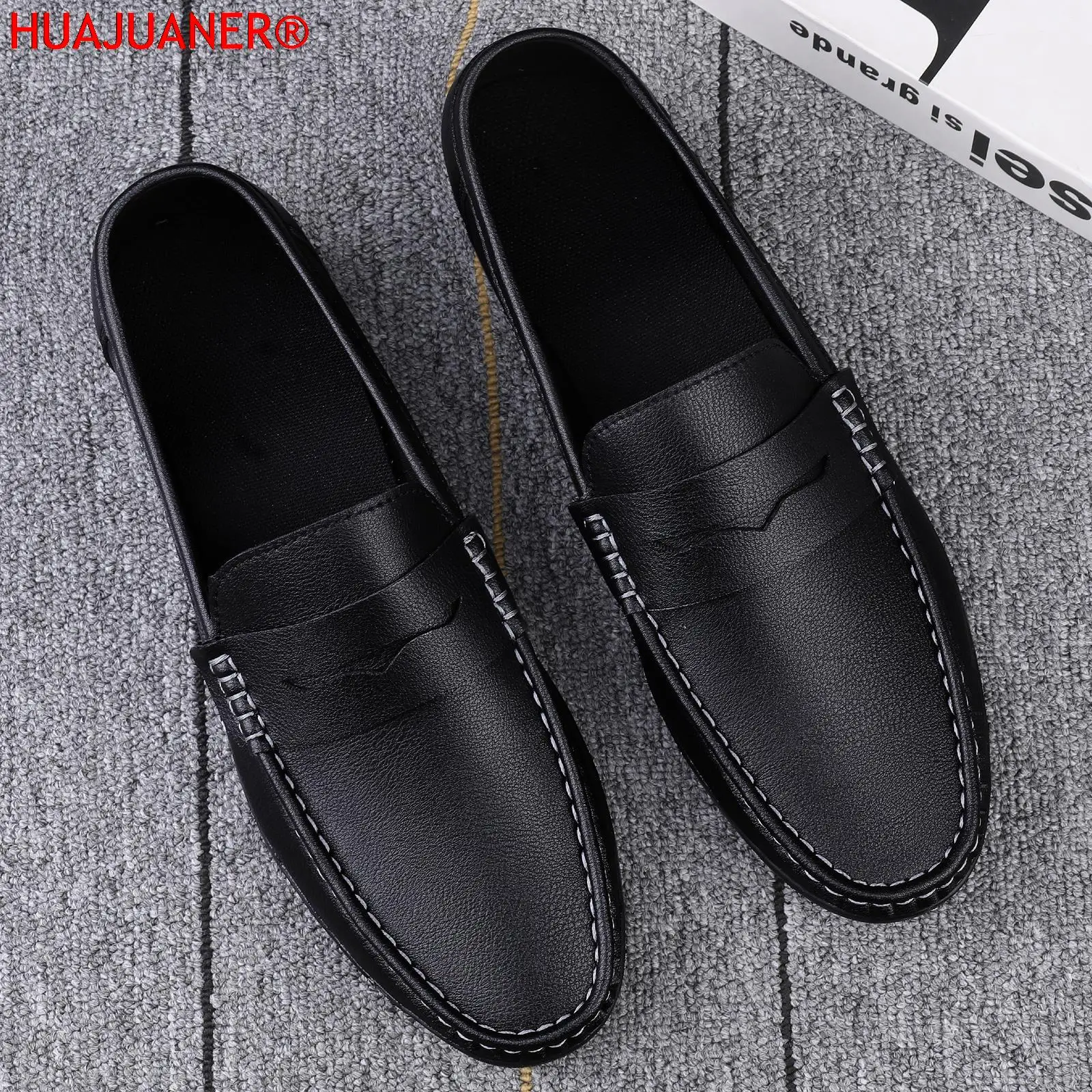 Verão masculino casual mocassins de couro sapatos mocassins moda luz branca preto tênis deslizamento-on condução apartamentos tamanho grande 38-47