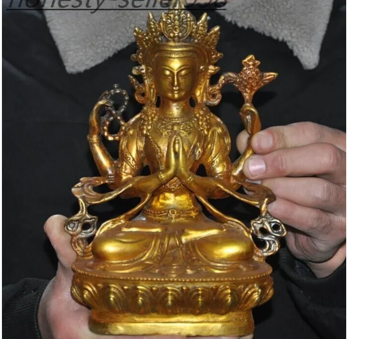 

8.8 ''patung Buddha dewi Tibet Sepuh Perunggu 4 lengan Chenrezig Kwan-Yin