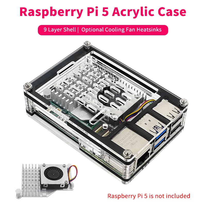 Raspberry Pi 5 Acrylic Case 9 Layer Protection Shell Optional Cooling Fan Active Cooler Aluminum Heatsink for Raspberry Pi 5