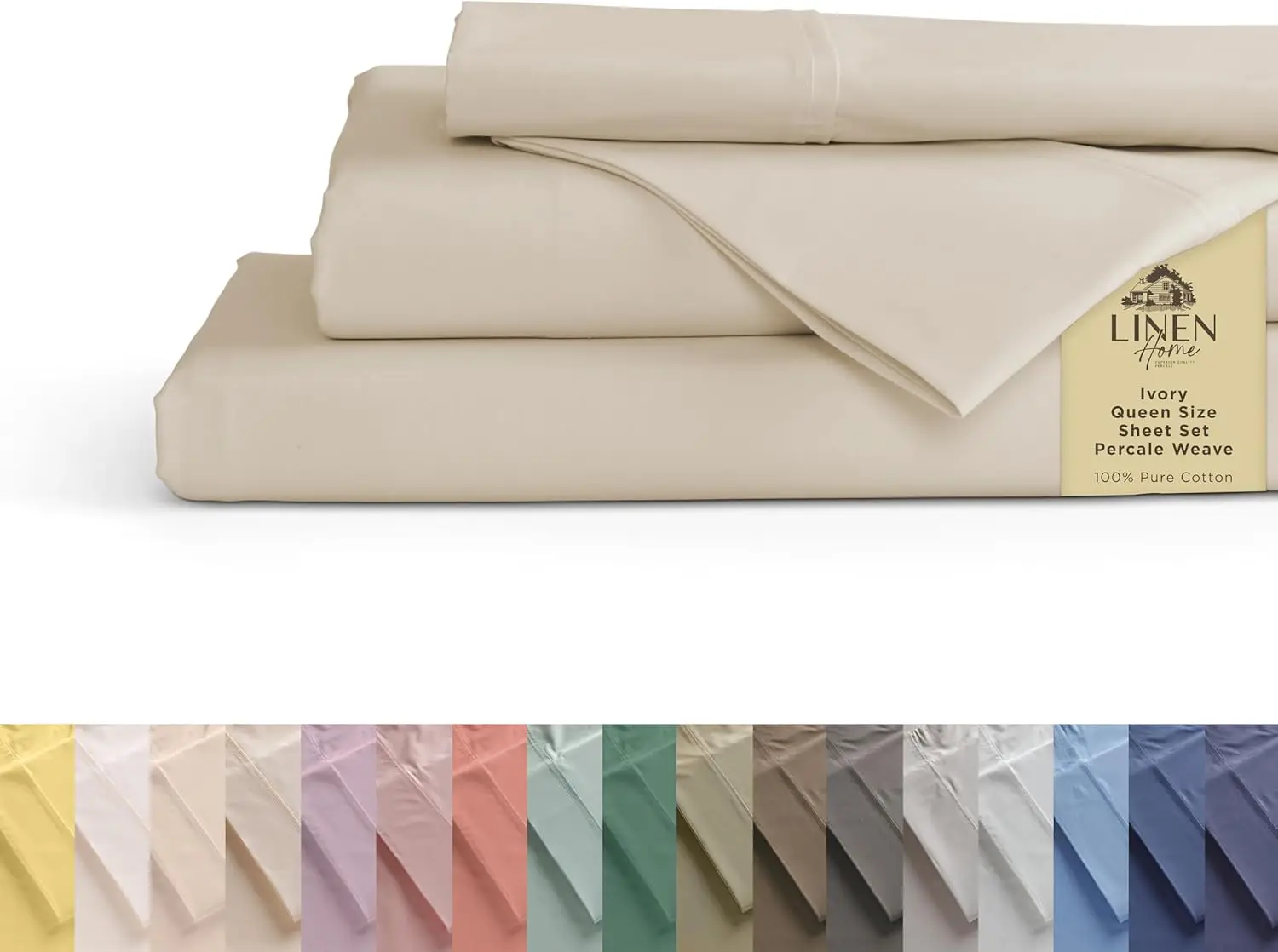 

Queen Size Percale Sheets Set, Deep Pocket, 4 Pieces - Flat Sheet, Fitted Sheet, 2 Pillowcases, Crisp and Strong Bed Linen