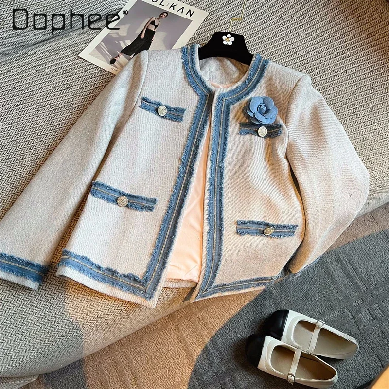 

French Elegant Contrast Color Short Jacket Denim Patchwork Women's Autumn Raw Edge Round Collar Fake Pocket Slim Coats