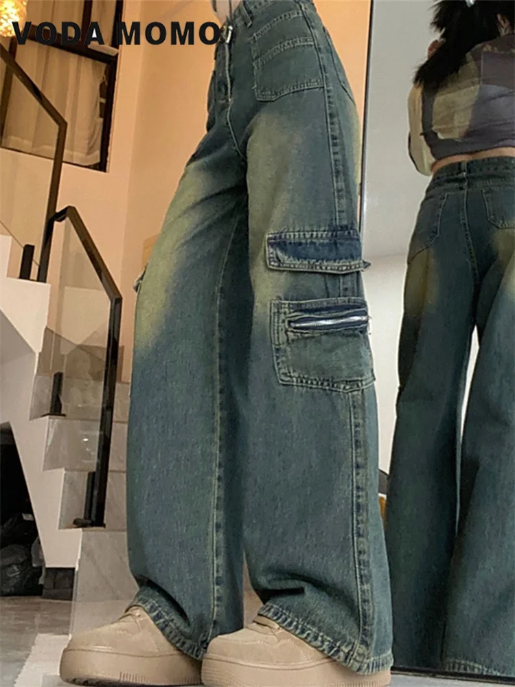 American Style High Street Cargo Jeans 2024 Women Autumn New Loose Fitting High Waiste Straight Wide Leg Floor Mop Pants Vintage