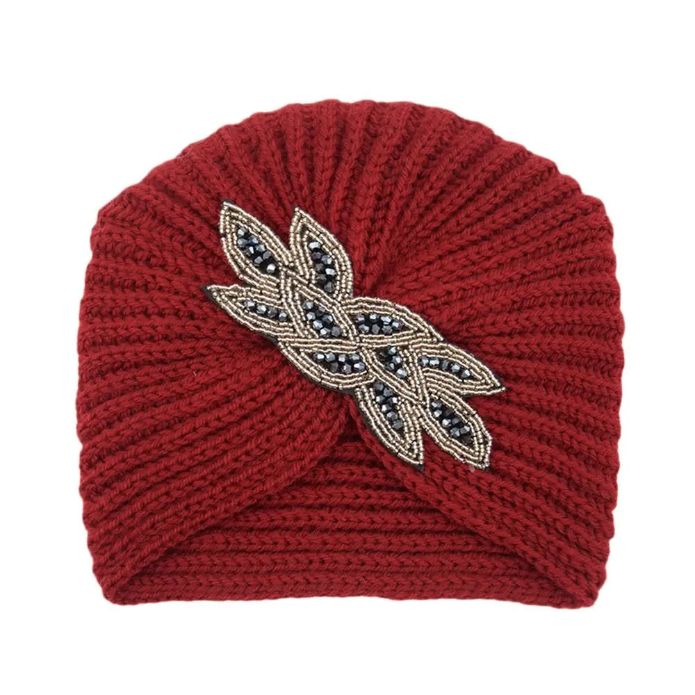 

Fashion Winter Warm Hijab Caps Thick Cashmere Bohemia Turban Wool Knitting Diamond Jewelry Turban Cap for Women