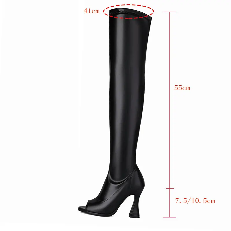 Chic Open Toe High-heeled Women Over-the-knee Boots Stretch Bright Black Patent Leather Zipper Thigh Boot Faux Suede 46