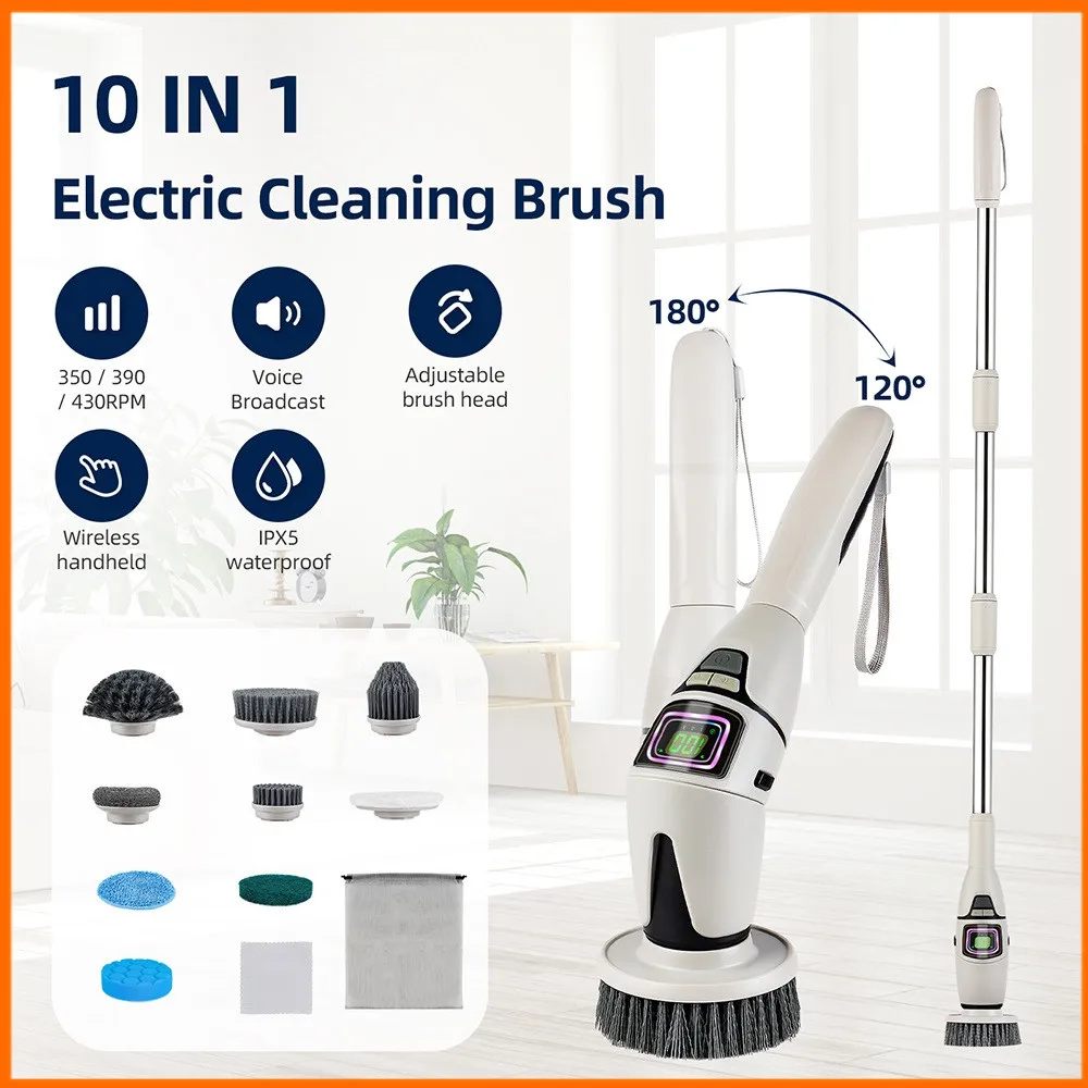 10-IN-1Multifunctional Cleaning Brush Electric Spin Scrubber Rotating Floor Windows Brush Cleaner For Bathroom Kitchen Toilet