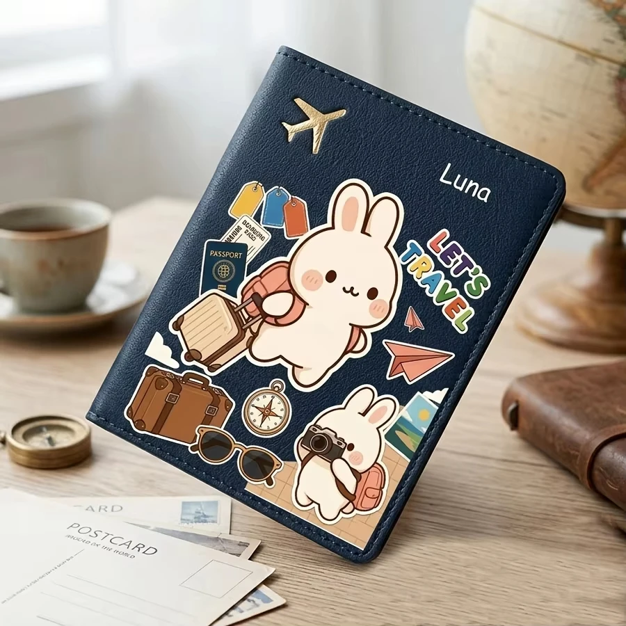 

Customizable Name Rabbit Backpack Pattern Passport Cover, Portable Passport Book Storage, Practical Travel Accessory Bag